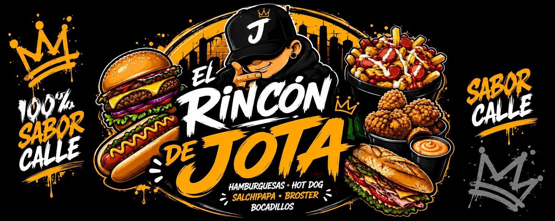 Banner de El Rincón de Jota con hamburguesa, hot dog, salchipapa, pollo broaster y bocadillo.
